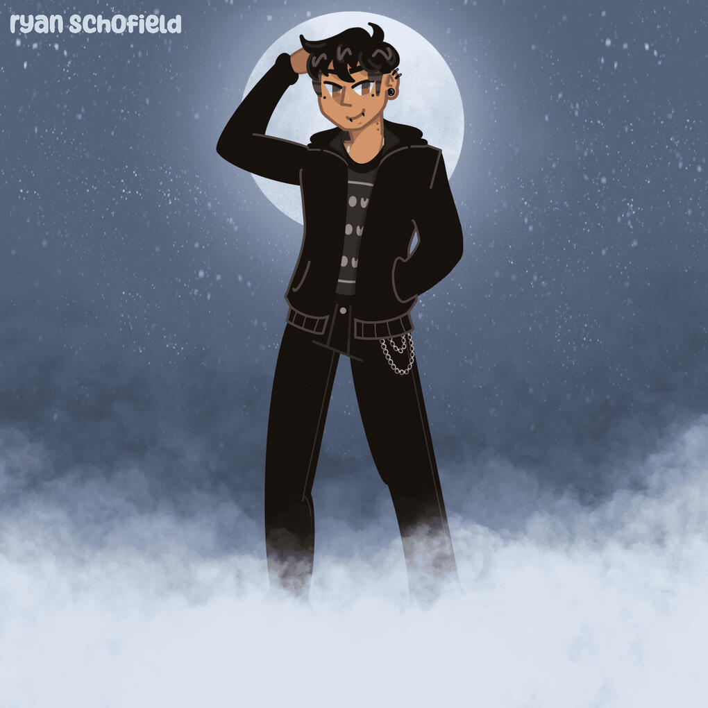 Digital illustration of an alternative man with facial piercings with a hand running through his hair. Fog frames the bottom of the image and a bright full moon illuminates the night sky.