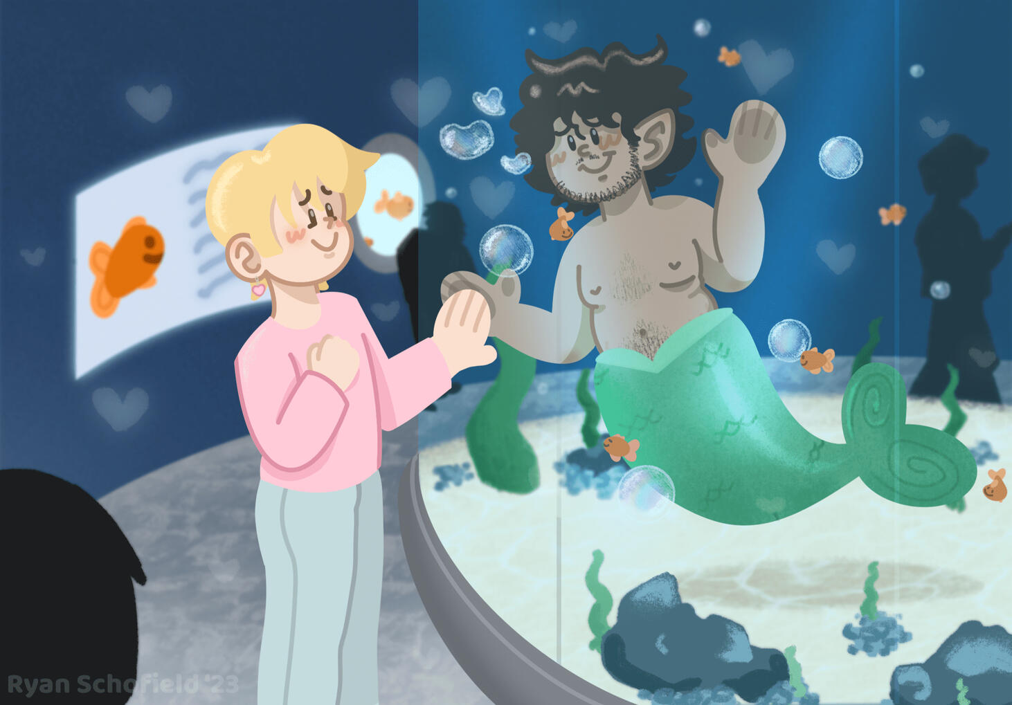 Digital illustration depicting a young man and merman. They are staring lovingly into each other's eyes despite the tank separating the two. They hold their hands up to the other's.