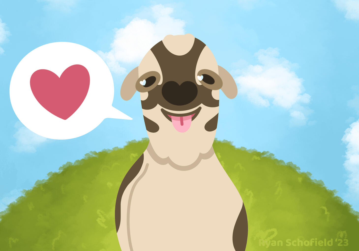 Digital illustration of a happy goat with his tongue out.