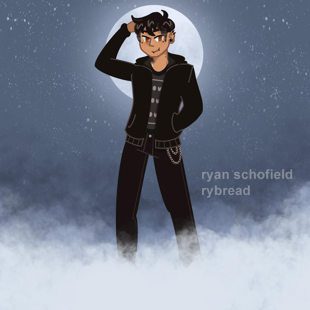 Digital illustration of an alternative man with facial piercings with a hand running through his hair. Fog frames the bottom of the image and a bright full moon illuminates the night sky.