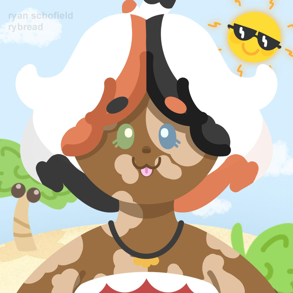 Cute and vibrant digital illustration of a young cat girl clearly based off a calico. There is a smiling sun with sunglasses and palm trees scattered behind her.