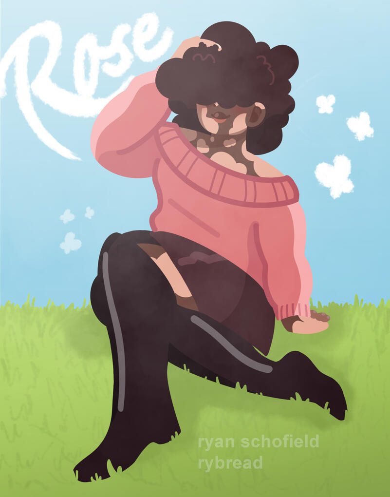 A digital illustration of a person posing in the grass with her name, Rose, written in the clouds above them.