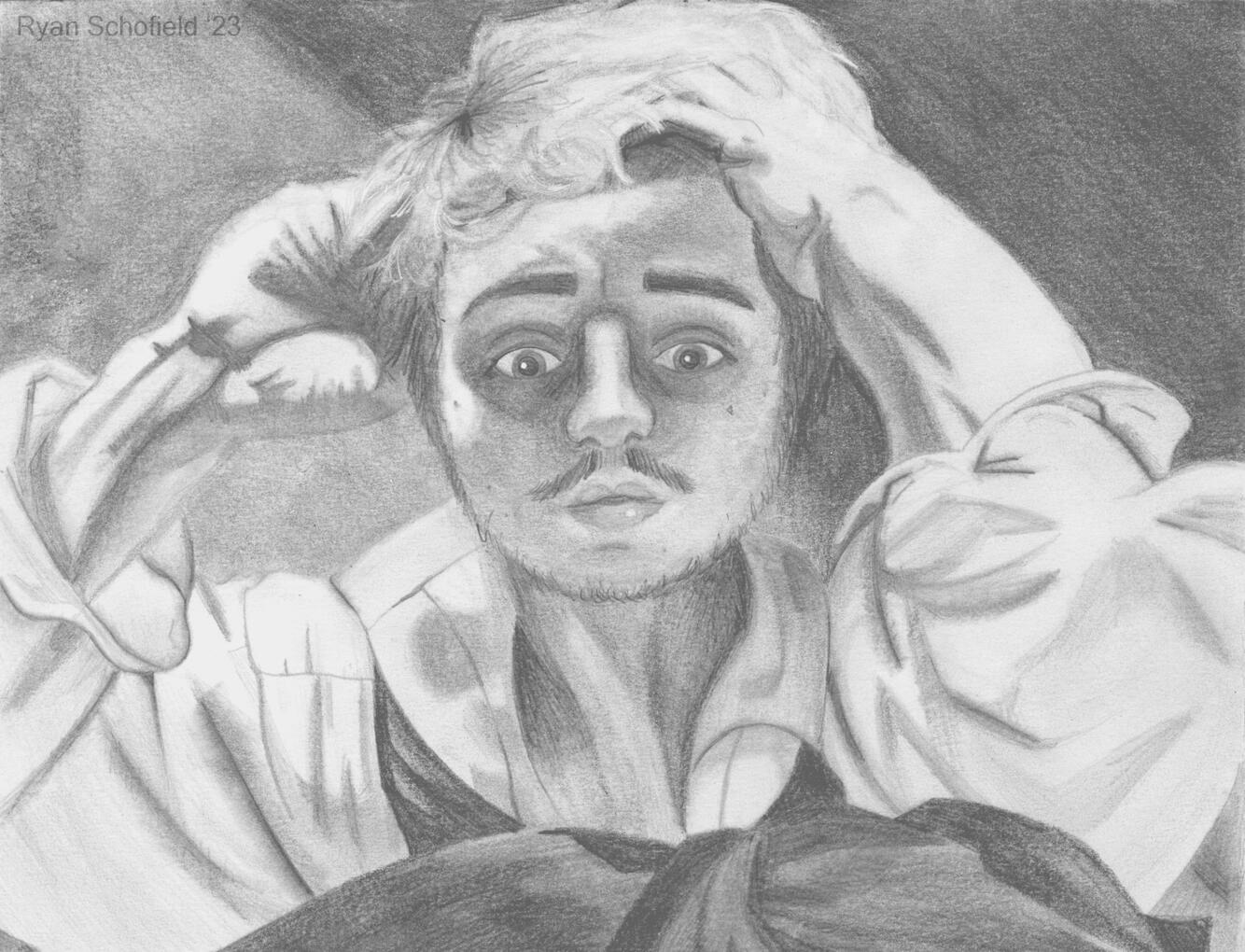 A self portrait in the same style of Gustave Courbet's The Desperate Man.