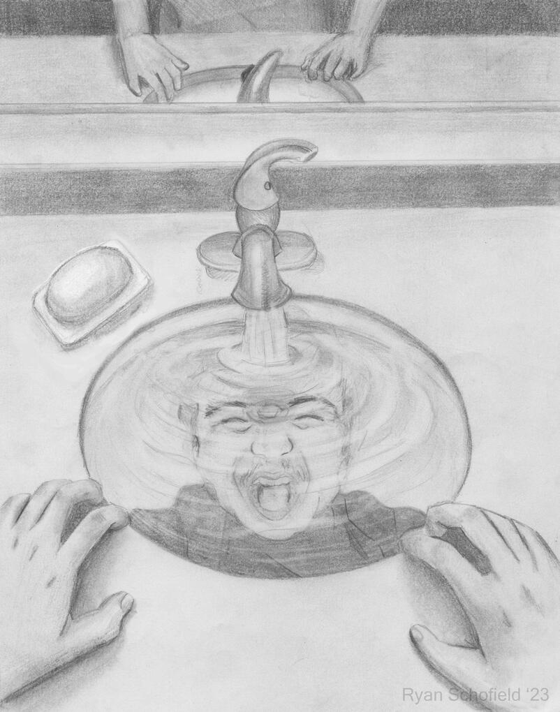 Graphite drawing of a bathroom counter. It shows a sink almost overflowing reflecting a young man screaming in distress.