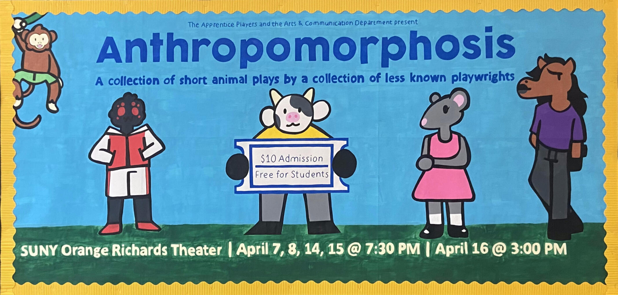 A vibrant and colorful painted poster titled "Anthropomorphosis, A collection of short animal plays by a collection of less known Playwrights." The illustration depicts various animals wearing clothing and standing up on two legs.