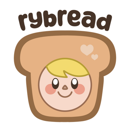 Simple illustration of a smiling man in a headpiece that looks like a piece of bread. Above the illustration is text that reads "rybread."