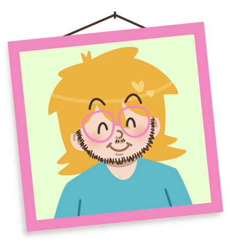 A cute illustration of Ryan Schofield, a young man with medium length blonde hair, pink glasses, and a mustache paired with a beard.