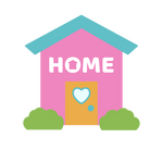 Colorful illustration depicting a simple looking home. It reads "home."